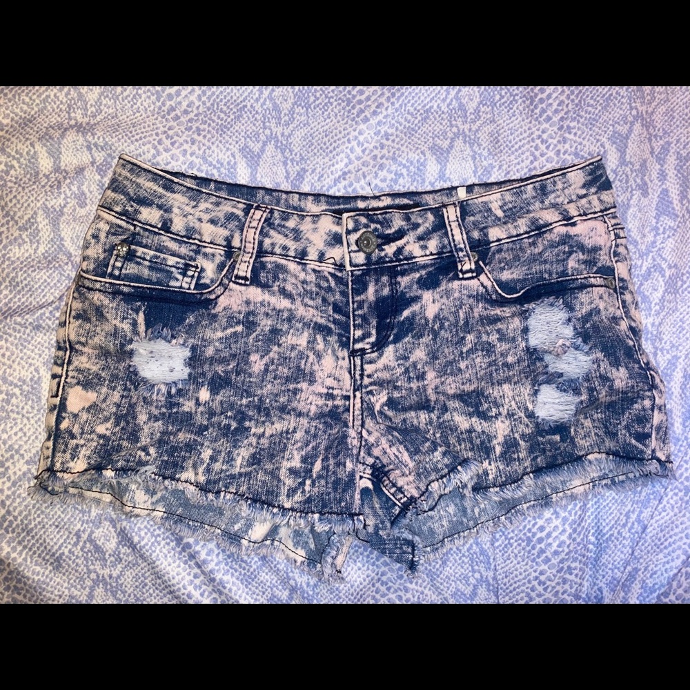 Distressed acid wash denim shorts